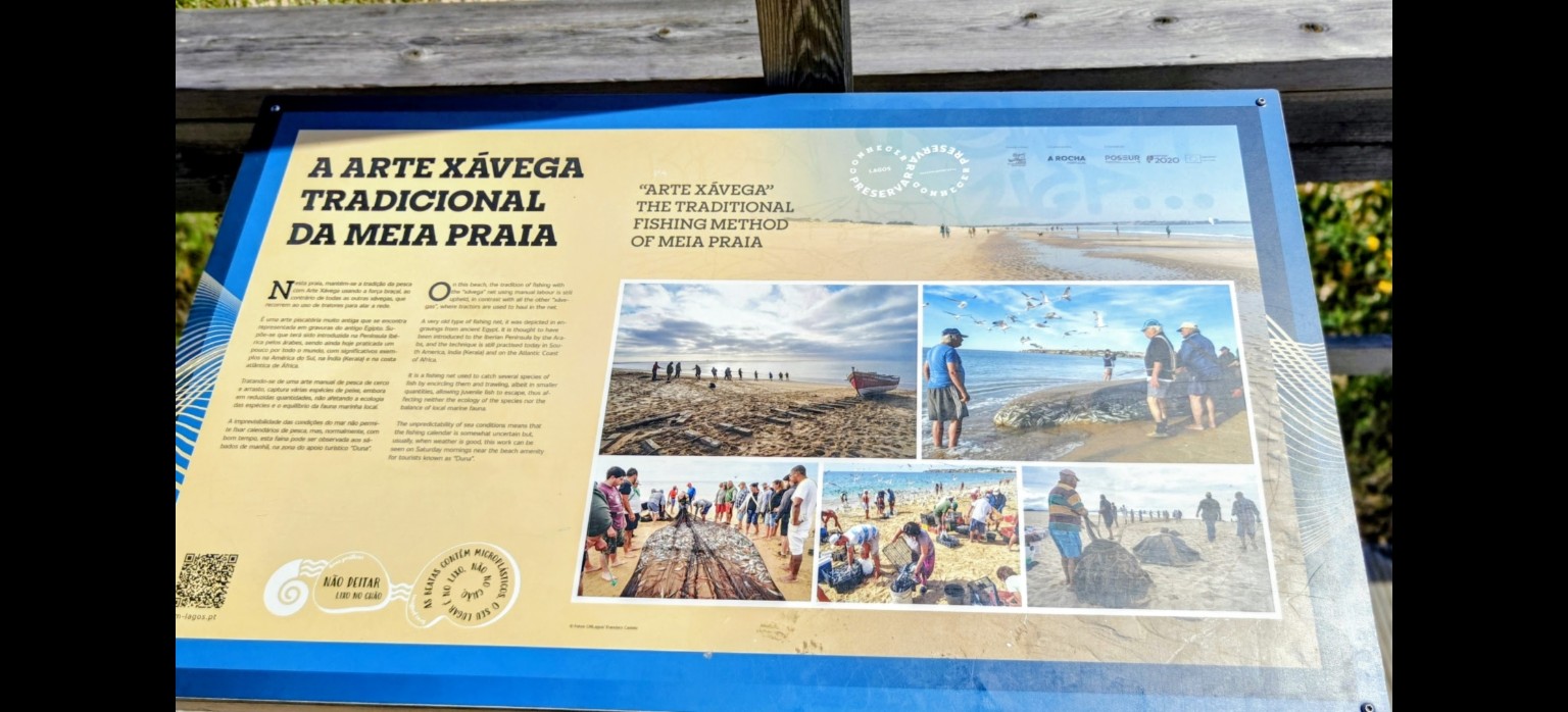 Informationstafel zur traditionellen Arte Xávega an der Meia Praia